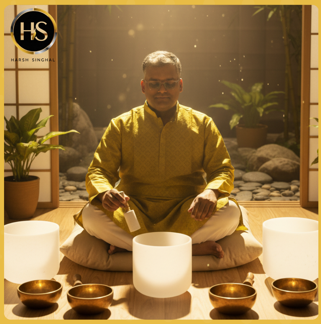 Harsh Singhal in sound healing session with Tibetan and crystal singing bowls